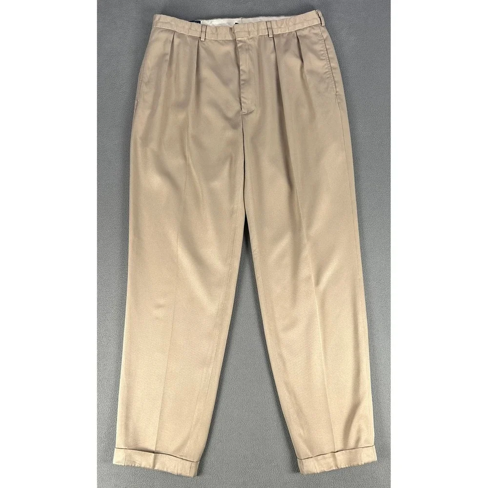 Polo Ralph Lauren Pants Slacks 36x32 Beige Pleated Cuffed Polyester Old Money